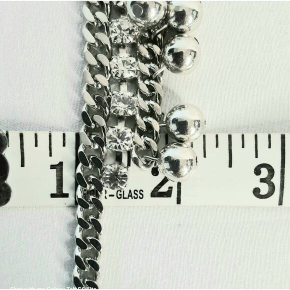 Silver Tone Bib Necklace Tribal Curb Chains Rhinestones And Beads - Picture 12 of 13